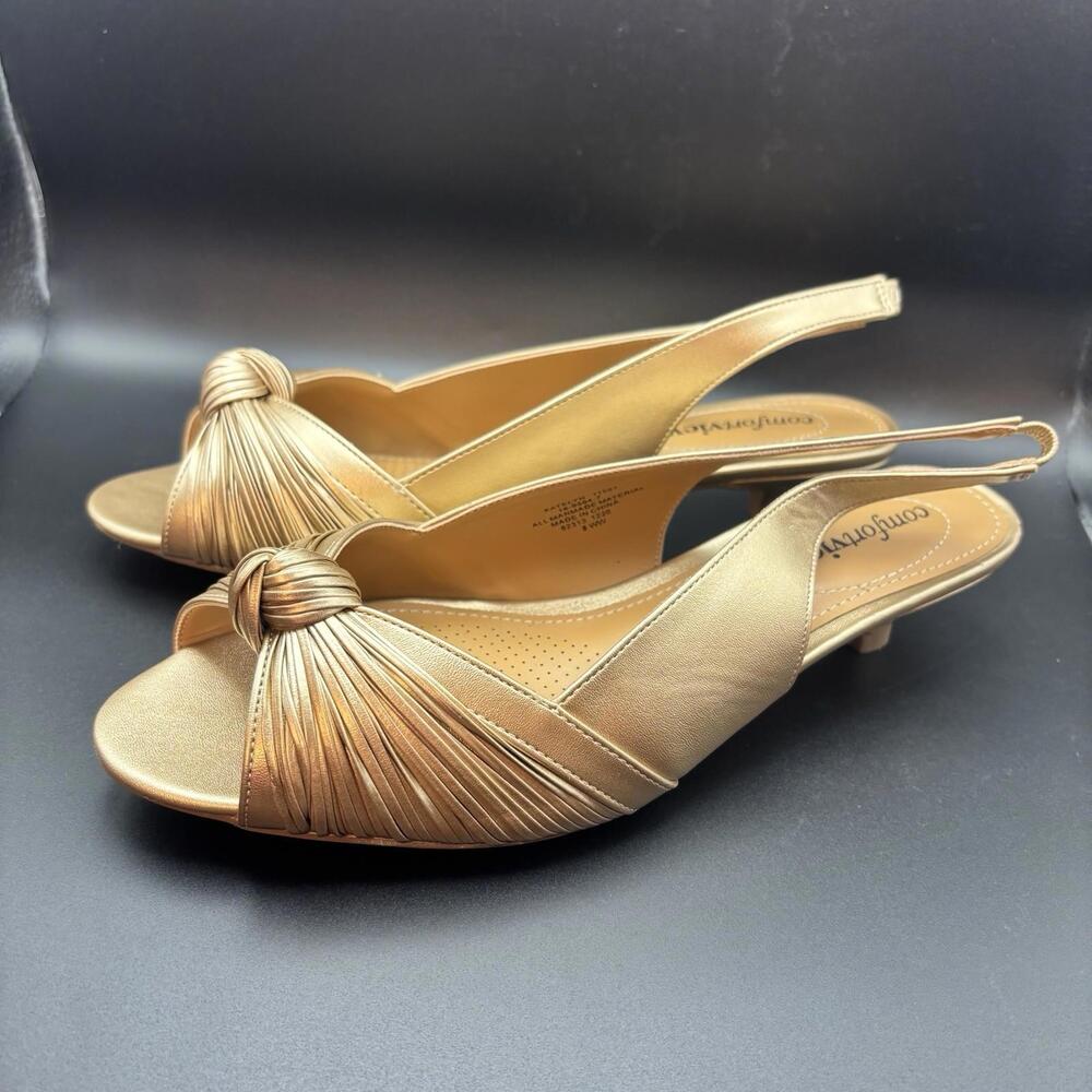 Comfortview 8WW Peep Toe Gold Slingback kitten heel shoes Extra Wide Width
